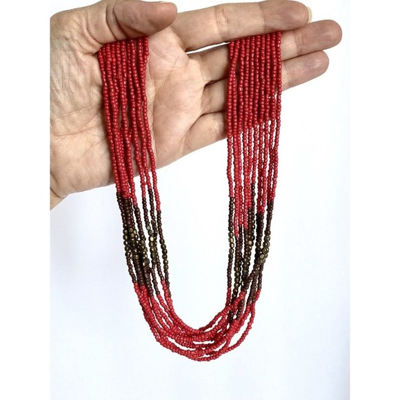 Multi-Strand Bohemian Beaded Red Brown Gold Tone Adjustable Length Necklace - Picture 4 of 6
